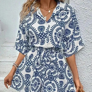 Blue Boho Women's Summer Beach Floral Printed Shirt Jumpsuit Shorts